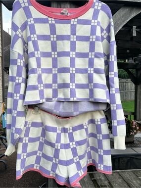 Anthropologie Daily Practice - Lilac Check Knit Two-Piece Set with Pink Trim XL